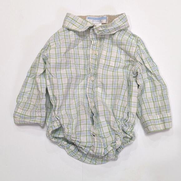 Janie and Jack Button Down Onesie Baby Boys Size 3-6 Green Plaid Collared - Picture 1 of 5